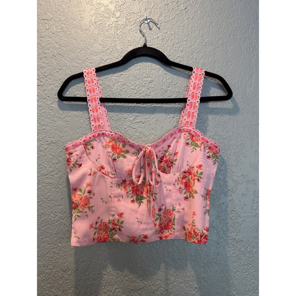 THIRTY THIRTY Pink Floral Bustier Corset Crop Top Lace Trim Smocked Back M